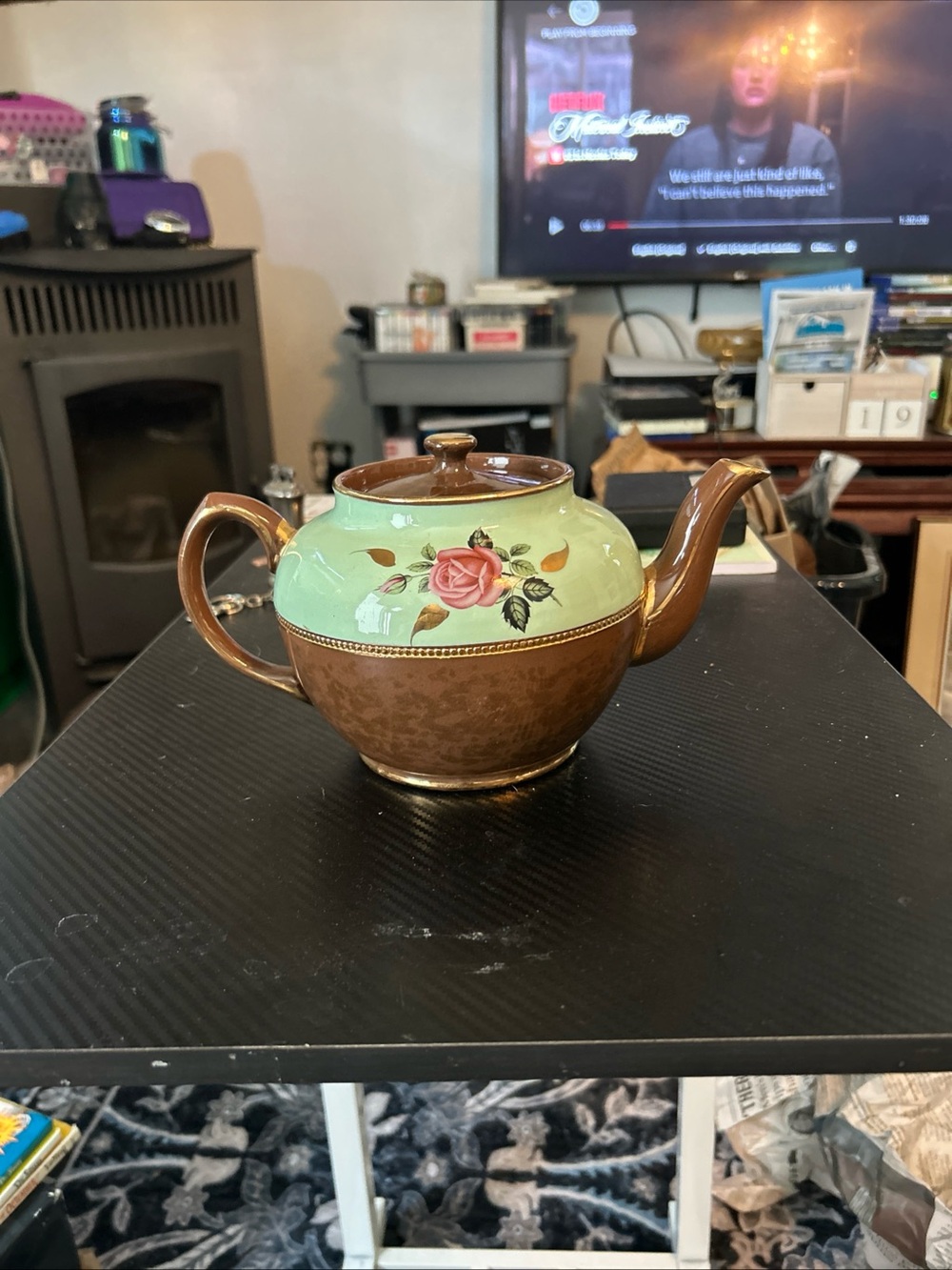 VTG Sadler England Teapot BA 2410 Hand Painted Rose Gold Trim 1940s